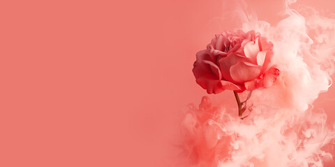 Pink rose with smoke. Creative romantic banner with copy space.