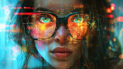 Portrait of a girl with glasses against the background of the night city