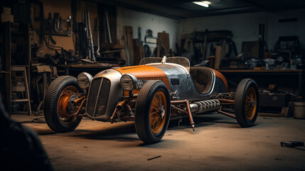 retro car Standing in an Authentic Creative Workshop. Vintage Style race car Under Warm Lamp Light...