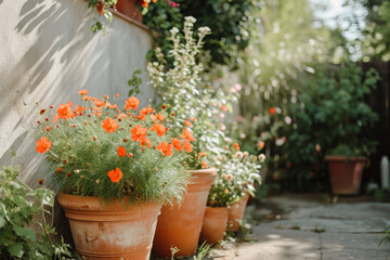 Flowers in the pots in the garden, springtime gardening 