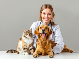 Charming cute smiling girl - veterinarian together with patients of veterinary clinic - dog and cat looking into the camera on gray background. Animal Protection Day.