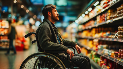 Young man in a wheelchair at the supermarket. Shopping and healthcare concept. - obrazy, fototapety, plakaty