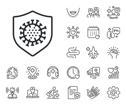 Covid virus sign. Online doctor, patient and medicine outline icons. Coronavirus protection line icon. Infection protect symbol. Coronavirus line sign. Vector