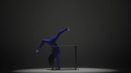 Portrait of female acrobat isolated on black background. Woman gymnastic dancer in blue sparkling...