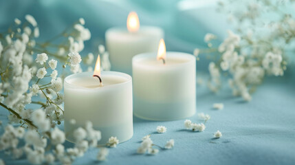 Fototapeta na wymiar trendy aroma candles on a pastel background with flowers around 