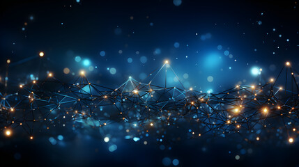 Abstract futuristic technology background banner with waves, straight connected lines and glowing dots as pieces and bits of information. Contrast between blurred and focused elements.  - obrazy, fototapety, plakaty
