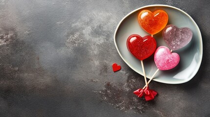 Captivating Valentine's Day Concept: Top View Photo of Heart Shaped Lollipops and Candies on Concrete Texture Background, Love Inscriptions, Promotional Copy-Space Available.