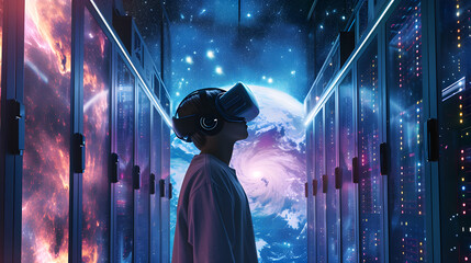 Discovering the universe with VR technology. Person with Virtual Reality headset looking up, standing in front of servers, abstract universe in background. Future technology for learning and fun. - obrazy, fototapety, plakaty