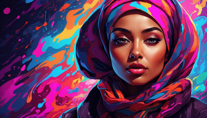Colorful illustration of Arab woman in scarf. AI generated