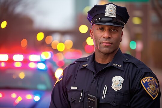 Portrait of Police officer Standing in street in front of squad car looking towards camera with arms behind his back
