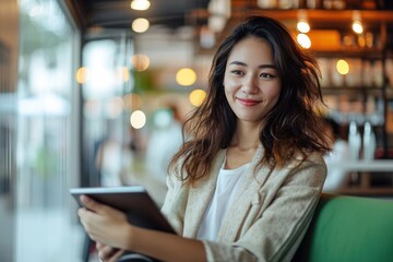Young businesswoman using digital tablet while sitting at cafe