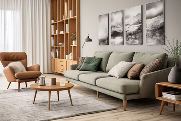 Luxurious green and brown living room interior design, stylish modern contemporary livingroom.