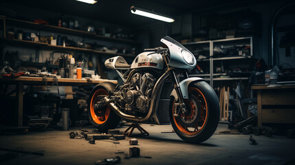 Motorcycle Standing in an Authentic Creative Workshop. Vintage Style Motorcycle Under Warm Lamp Light in a Garage.
