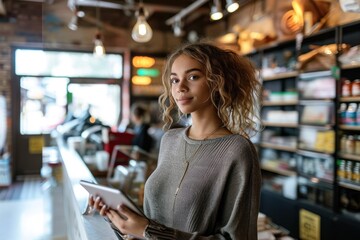 Mid adult woman holding digital tablet in store and looking away