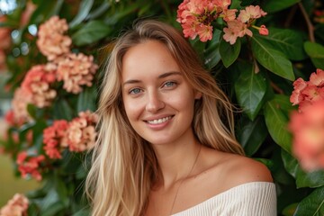 Happy blond woman in front of flowering plant