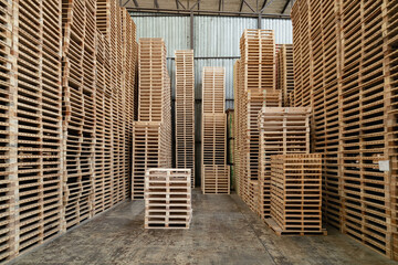 background of pallet wood in warehouse. pattern wood section. Grid of wood squares. the raw of material timber on stack. - obrazy, fototapety, plakaty