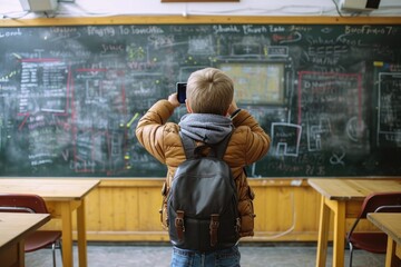 A boy taking shots of blackboard