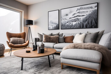Warm and cosy living room interior design in grey brown and neutral colour, stylish modern contemporary livingroom.