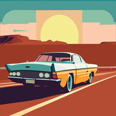 Fototapeta na wymiar Vintage car on a highway, desert sunset, retro poster design EPS10
