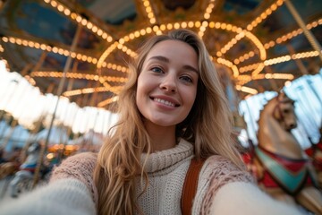 Happy woman taking selfie in front of spinning carousel in amusement park at sunset