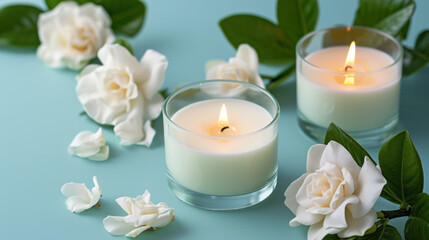 Fototapeta na wymiar candles and flowers on a mint background 