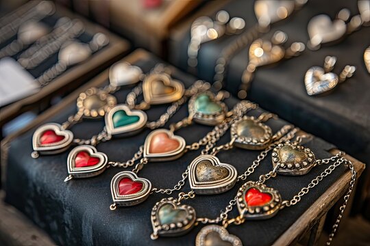 Diverse heart-shaped jewelry necklaces display at artisan market