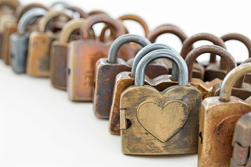 Row of various classic love locks engraved beautiful rustic vintage pattern isolated in white background
