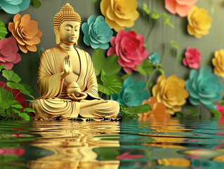 Golden Buddha with 3d colorful flowers, paper cut style, nature background, water reflection.