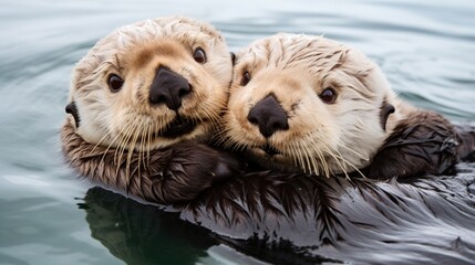 a pair of cuddling sea otters, their fur glistening against the simplicity of a white canvas, conveying the warmth of their connection.