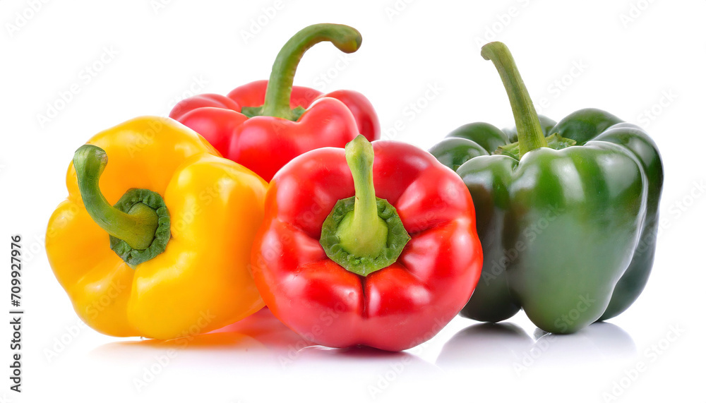 Sticker Red, green and yellow bell peppers isolated on white background