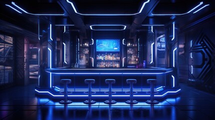 Obraz premium Futuristic cyberpunk night club interior with bar and neon lights. 3D illustration.