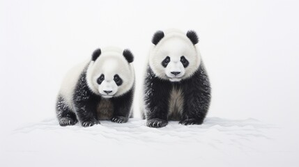 a pair of gentle pandas, their black-and-white fur standing out against the simplicity of a...