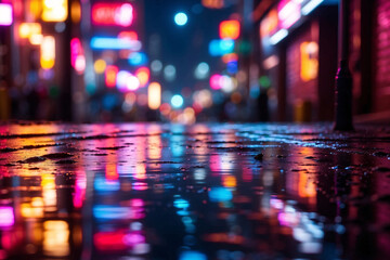 Mesmerizing neon lights reflecting in city puddles. Abstract night bokeh background.