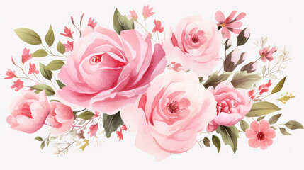 Fototapeta premium Pink soft watercolour flowers on a white background 