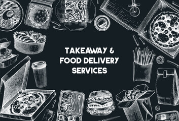 Fast food background. Hand drawn vector illustration on chalkboard.  Food delivery, takeaway food, takeout food in paper box, fast food menu design. Pizza, burger, coffee, noodles, poke, sushi sketch - obrazy, fototapety, plakaty