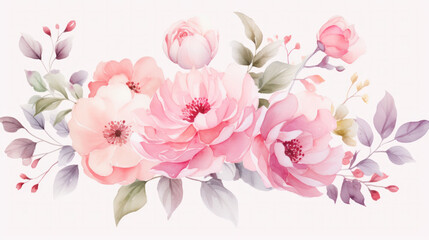 Pink soft watercolour flowers on a white background 