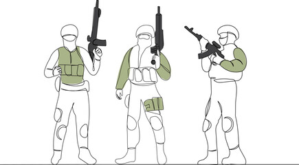 soldiers with weapons, line drawing, sketch vector