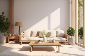 Calm stylish living room interior in light colors. Square coffee table, white sofa and stylish decor