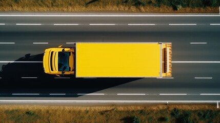 Large freight transporter semi-truck on the road, aerial view top down from drone pov.


