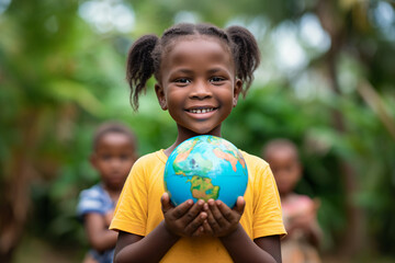 African Children Holding the Earth Globe, Symbolizing Unity and Peace on International Day of Peace. The World in the Hands of Future Generations, against a Defocused Nature Background
