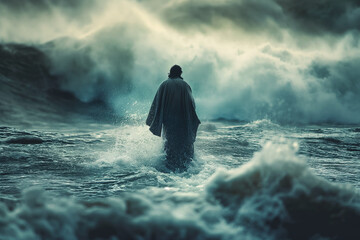 Jesus Walks on Water Across the Stormy Sea - A Powerful Depiction of a Biblical Theme Concept Divine Serenity