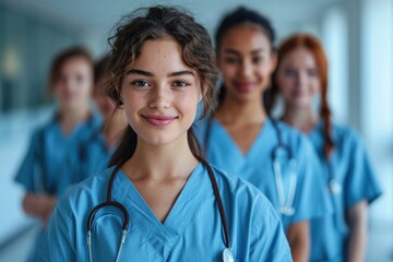Portrait of a young nursing student standing with her team in hospital, dressed in scrubs