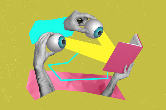 Collage 3d image of pinup pop retro sketch of hands hold reading books eyeballs watching concept weird freak bizarre unusual fantasy