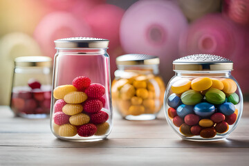 glass jars full of colorful candies and bubble gums