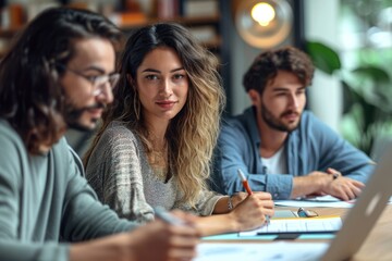 Businesswoman explaining business strategy to colleagues on document in meeting at office