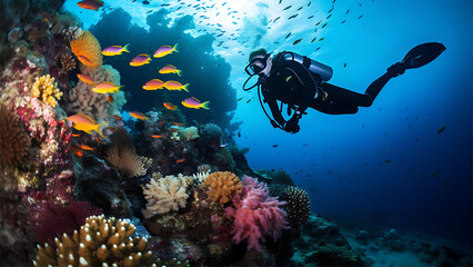 Scuba diver and colorful tropical fish on a coral reef in Thailand