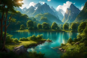 Delve into the serenity of a narrow river winding gracefully between lush trees and vibrant greenery. Behold the majestic mountain in the background under - Powered by Adobe