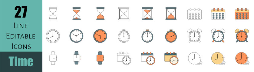 Set of editable linear icons of time, hourglass, timer - obrazy, fototapety, plakaty