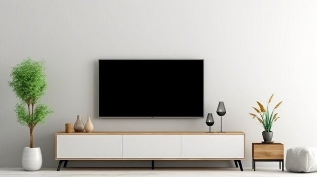 Mockup a TV wall mounted with decoration in living room and white wall.3d rendering.


