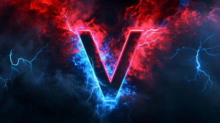 Letter V in black and red with blue lightning.